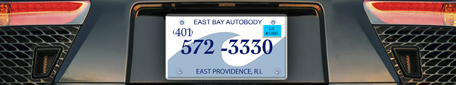 east bay autobody rear end view of vehicle displaying license plate logo