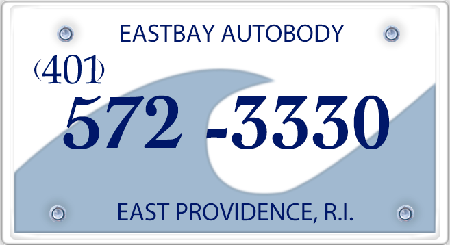 east bay autobody license plate logo with phone number